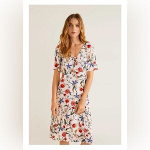 Mango Floral Knee Length Dress A-line Button Front Short Sleeve Sz 4